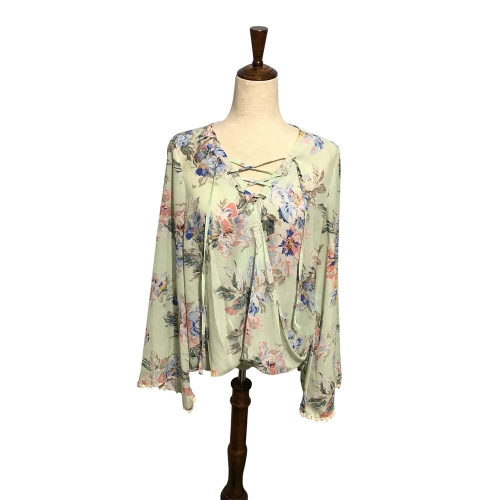 Umgee Floral Lace-Up Bell Sleeve Top - Medium